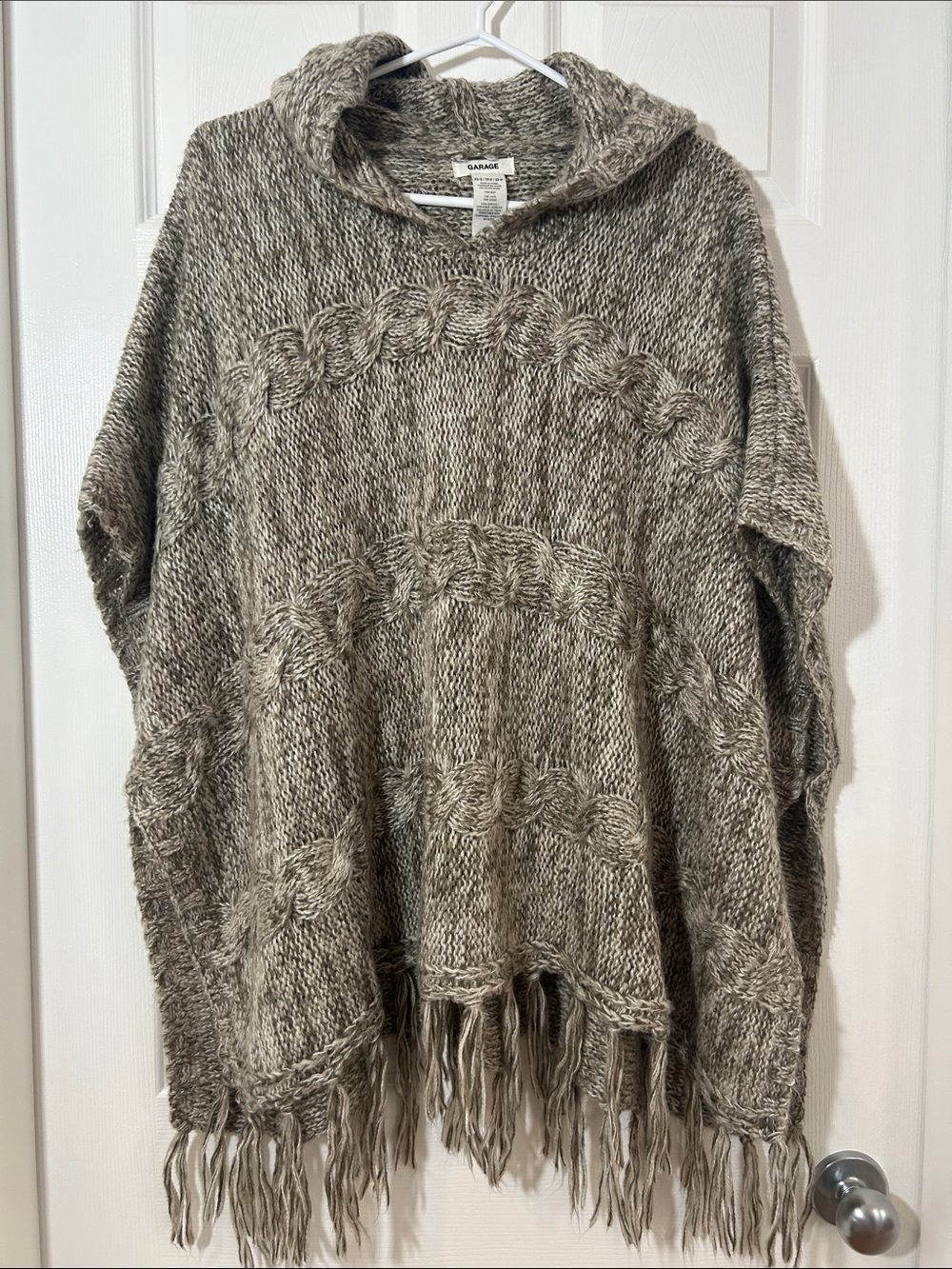 Garage Marled Taupe Hooded Fringe Poncho